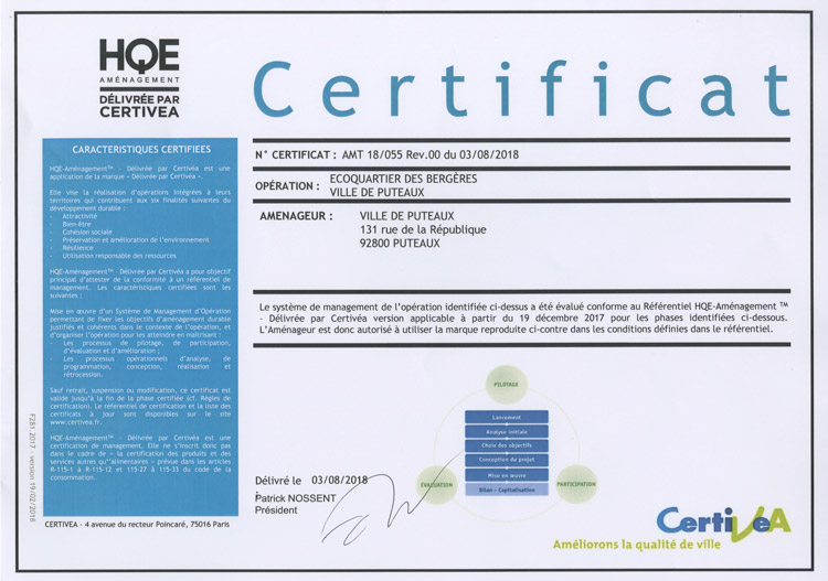 Certificat HQE de l'EcoQuartier